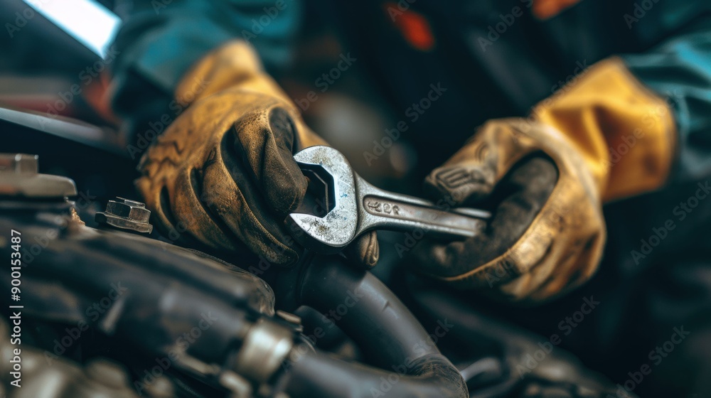 Poster close-up of mechanic's hands using a wrench on a vehicle engine