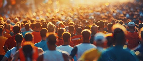 Obraz premium A sea of people running toward the sunset