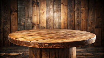 Rustic wooden circular table with natural texture and warm tone, surrounded by empty space, evoking a sense of simplicity and rustic elegance.