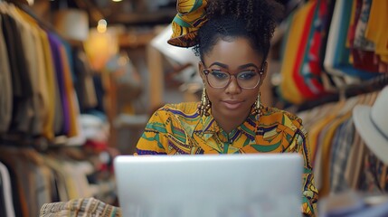 Fashionable Focus: A young Black woman, adorned in vibrant African prints and chic eyeglasses, intently manages her online clothing boutique, the warmth of her shop radiating around her. 