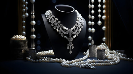 Luxurious Diamond-Encrusted Jewelry Set: Necklace and Earrings on Velvet Cushion