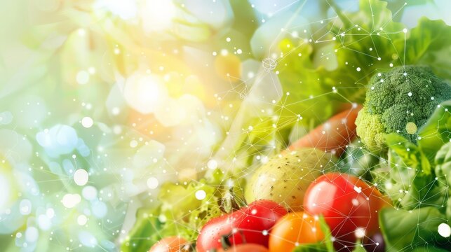 Fresh vegetables with a digital network overlay on a light background. Modern and healthy eating concept.