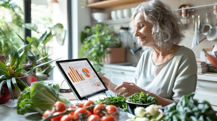 Smiling senior woman using a tablet for healthy meal planning in a bright kitchen with fresh vegetables. Nutritionist embracing technology for effective diet management.