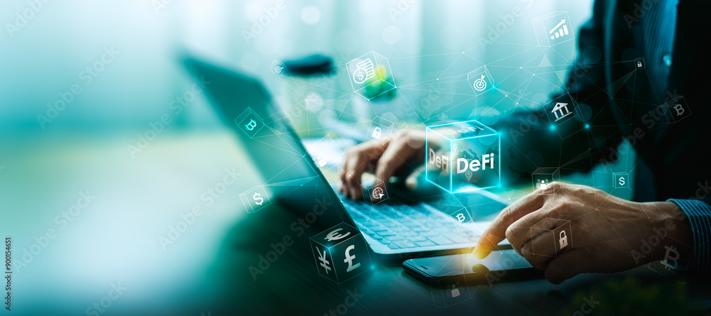 Poster hands using laptop and smartphone with holographic decentralized finance or defi, digital curry and 