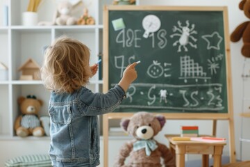 Educating with Love: Child Pretending to Teach Stuffed Animals in Cozy Home Classroom Setting