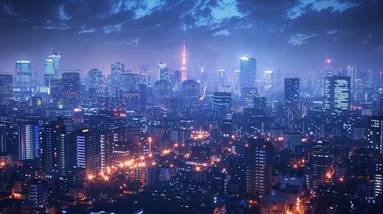 Fototapeta premium Night Cityscape with Skyscrapers and Lights - 3D Render