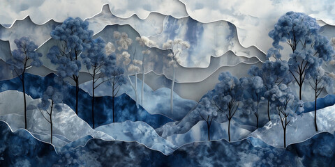Naklejka premium mural wall art wallpaper featuring a dark blue and silver forest theme. 
