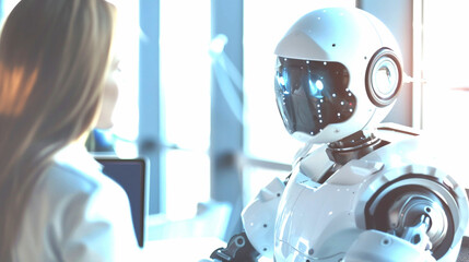 A human and a humanoid robot working together in an office setting, sharing ideas and solving problems.