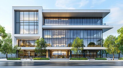 Modern Office Building with Glass Facade 3D Illustration