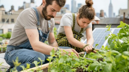 Inclusive Urban Gardening: Young Couple Cultivating a Rooftop Garden with Smart Tools & Solar Energy Integration