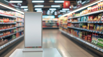  a blank advertising display stand prominently placed in a bright supermarket aisle. 