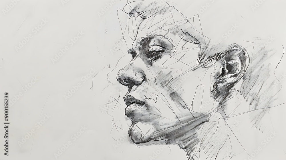 Poster portrait of a person, drawn in charcoal. the lines are intricate and layered, creating a sense of de