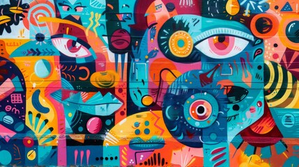 Fototapeta premium Colorful pop graffiti mural on an urban wall, featuring bold and vibrant designs with characters and abstract patterns, creating a dynamic and energetic street art scene 