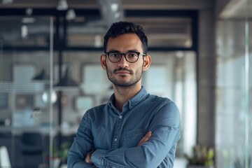 Obraz premium Confident entrepreneur in casual attire, posing with a modern office backdrop, exuding innovation and leadership 
