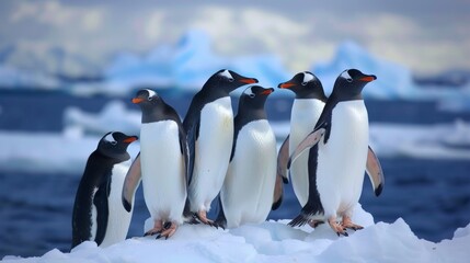Obraz premium A group of penguins standing on an iceberg, with the ocean in the background