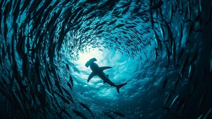 A hammerhead shark swimming through a school of fish