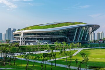 Ultra-Modern Sports Stadium with Retractable Green Roof and Futuristic Design - Ideal for General Use and Architectural Projects