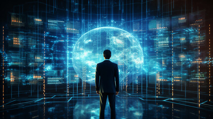 AI Artificial Intelligence, Data Science, Information technology concept. Businessman touching on AI machine learning on virtual screen with big data, computer code, photography. 