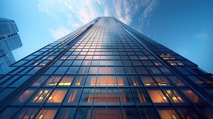Fototapeta premium Modern Skyscraper Illustration - Glass Facade, Illuminated Windows, Cityscape