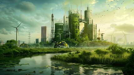Fototapeta premium Futuristic City with windmills and Nature thriving around the Buildings, a river flows through the grass, green and blue colors dominant.