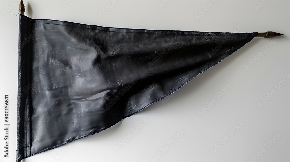 Poster black flag hangs on a white wall, showcasing its fabric texture and graphic shape. the simple compos