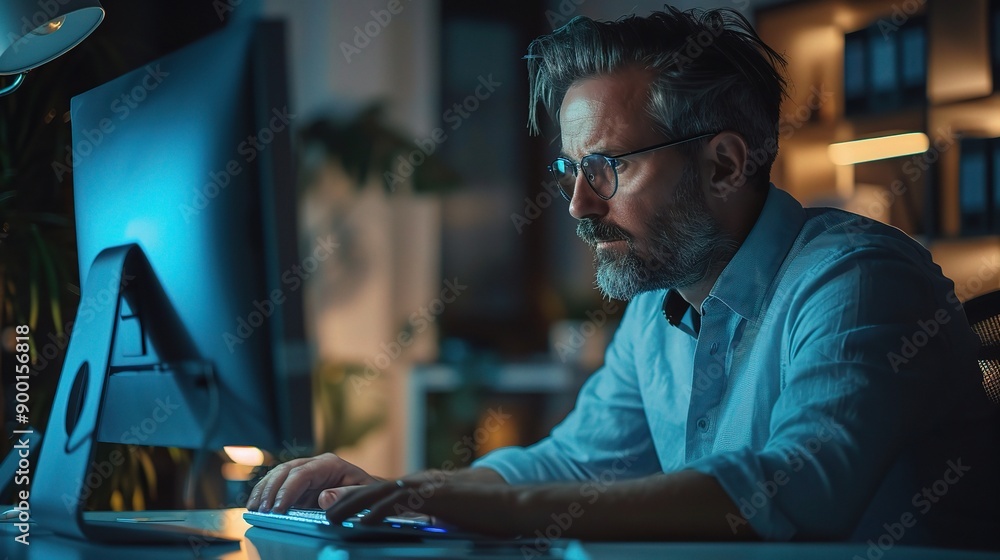 Poster focused programmer working late: a mature programmer with a gray beard and glasses works diligently 