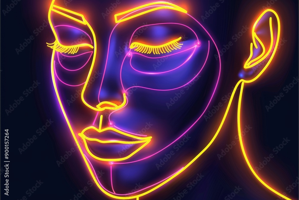 Poster neon line art of a human face with abstract patterns
