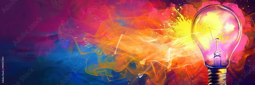 Poster Light bulb with vibrant colorful abstract background representing bright ideas and creativity. Concept of inspiration and innovation.