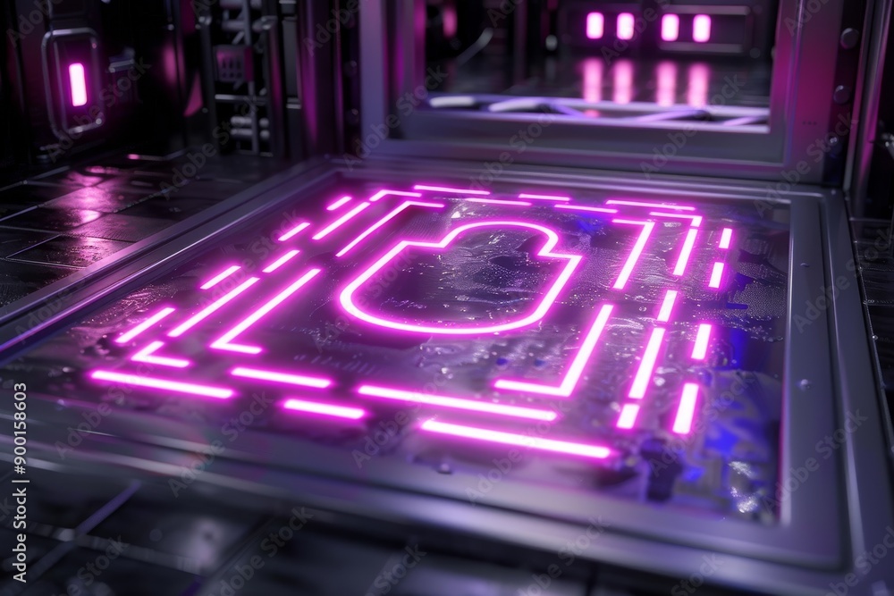 Poster neon light circuit path in a futuristic lab
