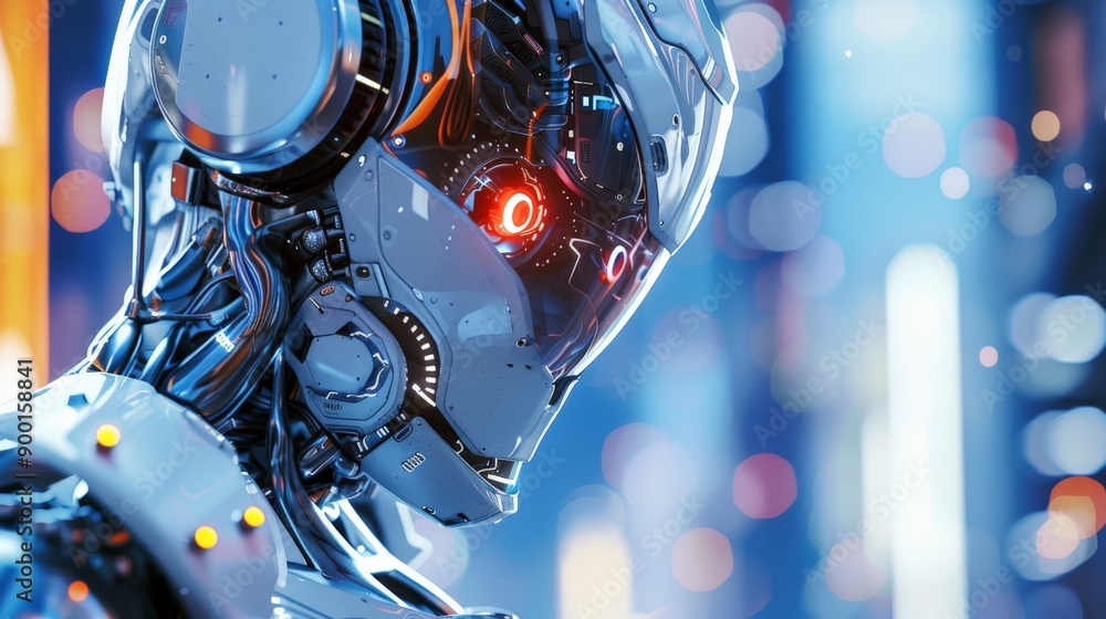 Aufkleber Close-up of a robotic head with a glowing red eye against a bokeh background. Futuristic technology and artificial intelligence concept.