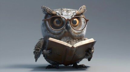 Cartoon Owl with Glasses Reading a Book in 3D