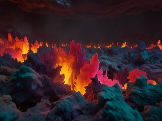 Abstract Fantasy Landscape with Glowing Spikes.