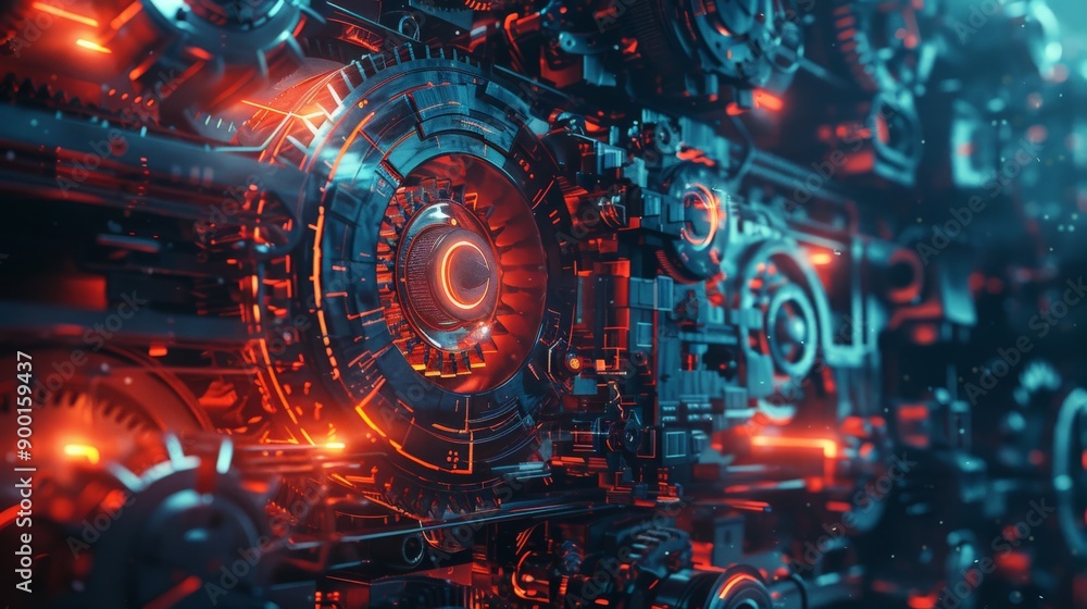 Poster Complex mechanical system with red and blue glowing gears and technical details. Perfect for engineering, technology, and industrial themes.