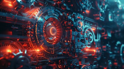 Obraz premium Complex mechanical system with red and blue glowing gears and technical details. Perfect for engineering, technology, and industrial themes.