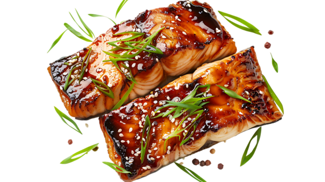 Miso Glazed FIsh Cod top view isolated on transparent background 