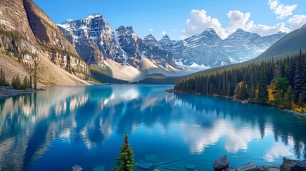 Stunning landscape photo of a mountainous region with dramatic peaks and clear blue skies.