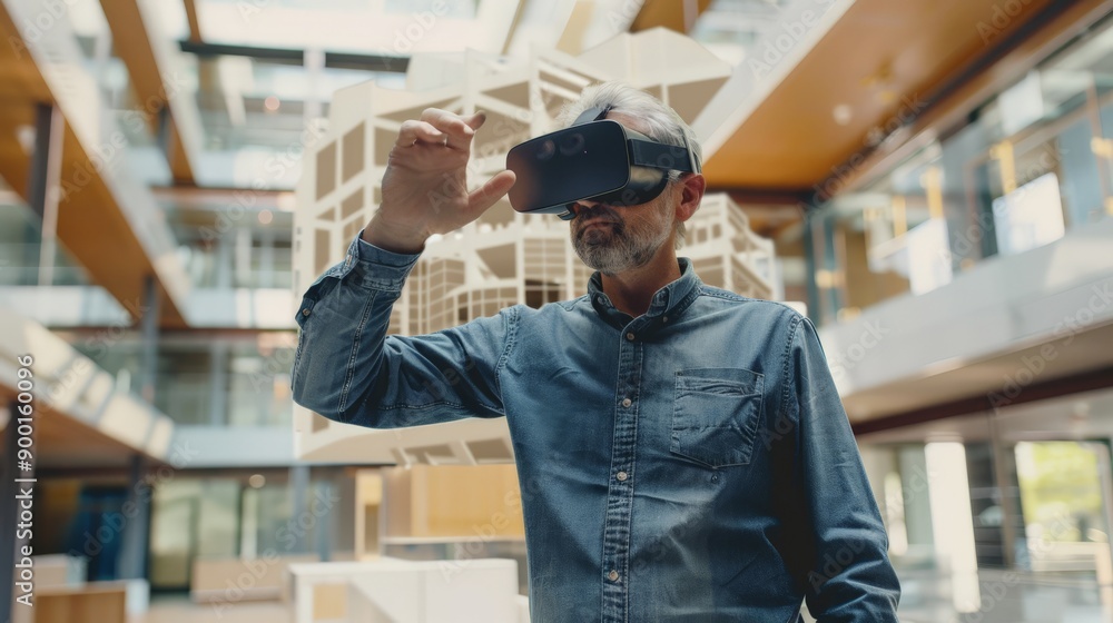 Poster Architect exploring virtual architectural models using a VR headset in a modern office. Ideal for virtual reality applications in architectural design.