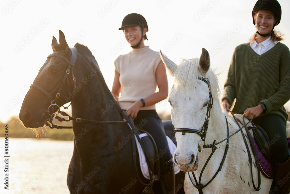 Canvas Prints Woman, horse and riding in sunset with friends, countryside and ranch on weekend break for summer adventure. Nature, holiday and equestrian sport for training, hobby and bonding for happiness