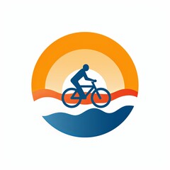 Vivid and dynamic illustration featuring a cyclist on a sunset background, riding over blue waves towards the orange sun. Perfect for promoting cycling events, sports teams, or bike shops.