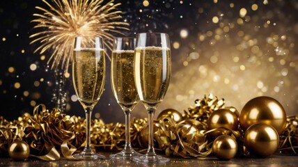 a vibrant and festive illustration to celebrate New Year's Eve 2025. The scene should be filled with rich, golden colors and sparkling effects to capture the spirit of a grand celebration