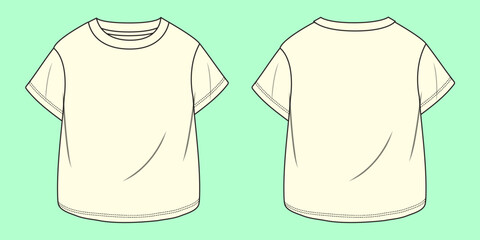 Boys and girls ecru color oversized drop shoulder short sleeve t-shirt flat sketch outline vector fashion illustration template.