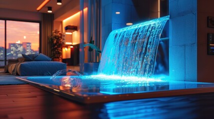 Indoor waterfall, illuminated, blue light, modern interior, living room, sunset view, cityscape, decorative plants, wooden floor, ambient lighting, wall-mounted controls, cozy atmosphere