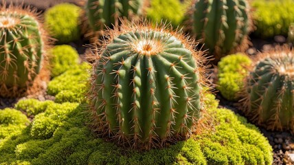 Beautiful Close-Up Photograph of Barrel Cactus Surrounded by Green Moss &acirc;&euro;&ldquo; Perfect for Nature Themes and Botanical Projects