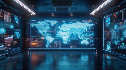Futuristic Control Room with World Map Display