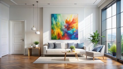 Vibrant colorful contemporary abstract art painting on a white wall in a modern interior with soft natural light and subtle shadows.