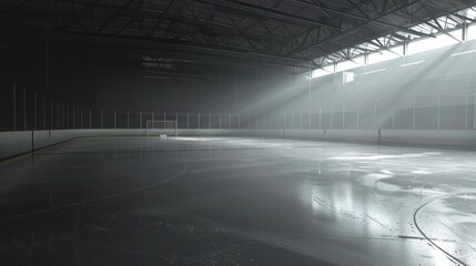 Ice hockey rink, characterized by its glossy ice surface, the goal net, the surrounding boards, and the large, open, dimly lit arena with a high ceiling