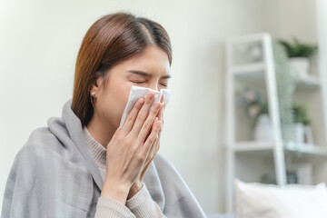 Female unhealthy Sickness, asian young woman, girl unwell and coughing, have cold, sore throat...