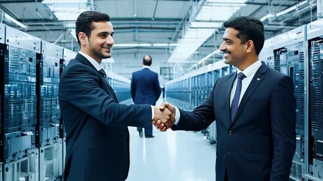 Two Businessmen shake hands on a deal with view Background of a large computer factory with movement