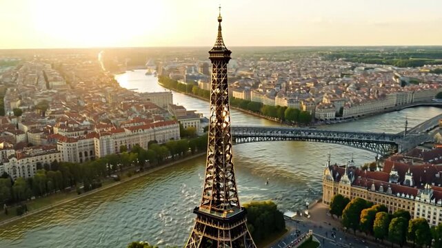 Aerial view from a drone of the Eiffel Tower and the Seine River in central Paris. France