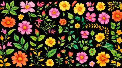 Colorful Floral Pattern Illustration with Various Blossoms on Black Background